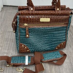 Elegant Crocodile Embossed Satchel in Teal and Brown